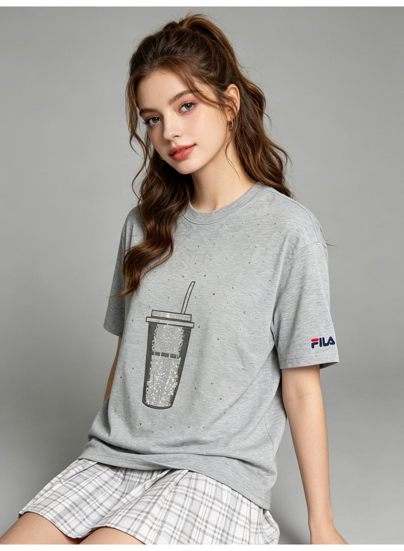 FILA milk tea cups are full of rhinestones for men and women. Summer cotton loose round neck Joker short sleeve T-shirt. - Image 5