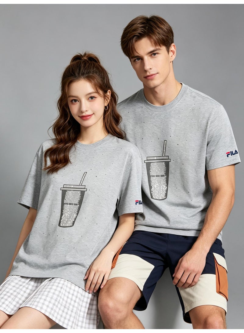 FILA milk tea cups are full of rhinestones for men and women. Summer cotton loose round neck Joker short sleeve T-shirt. - Image 1