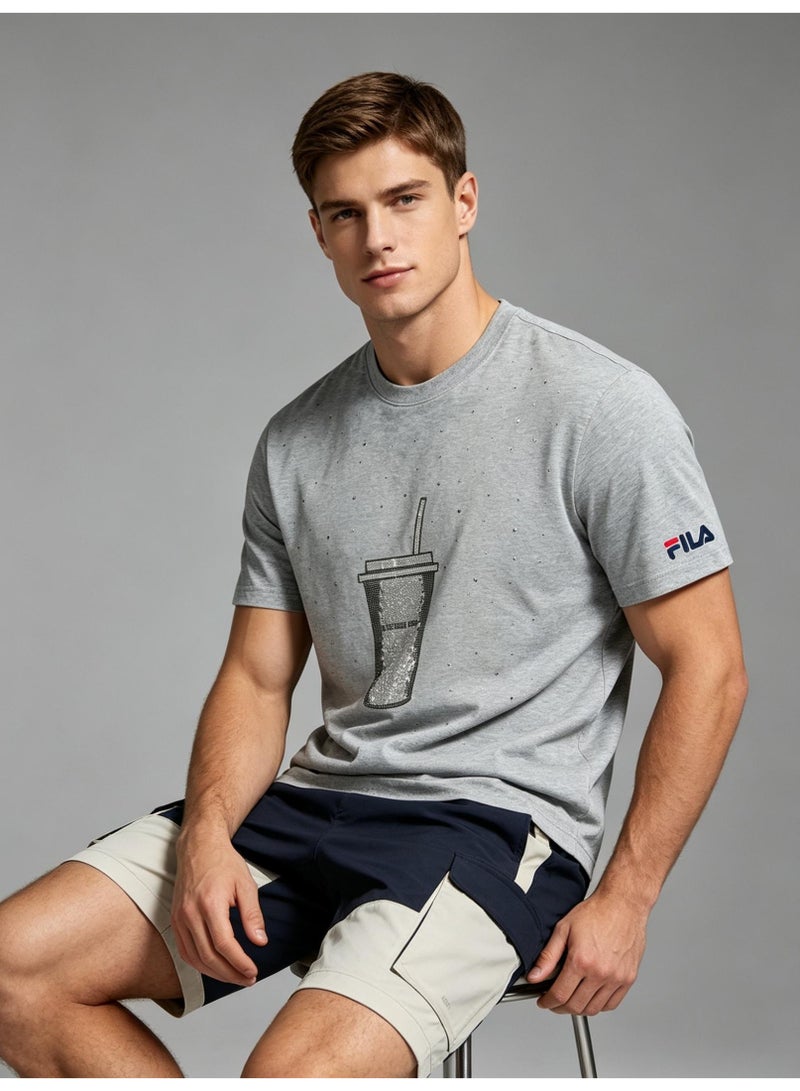 FILA milk tea cups are full of rhinestones for men and women. Summer cotton loose round neck Joker short sleeve T-shirt. - Image 2