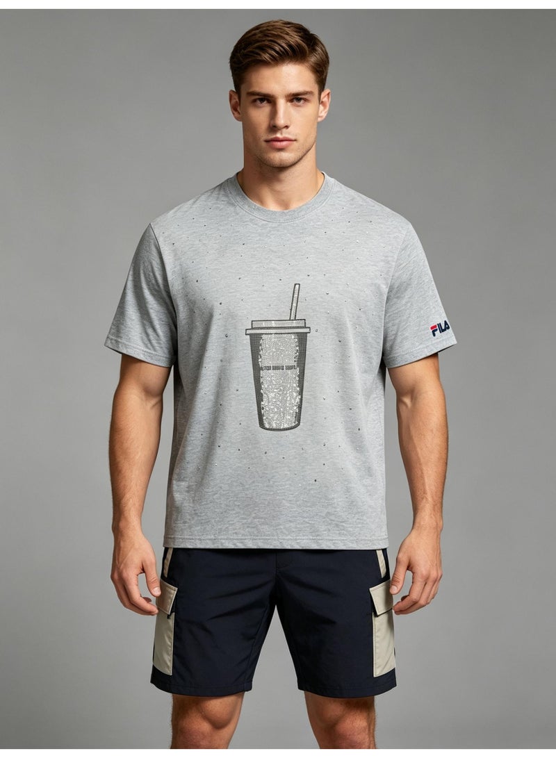 FILA milk tea cups are full of rhinestones for men and women. Summer cotton loose round neck Joker short sleeve T-shirt. - Image 3