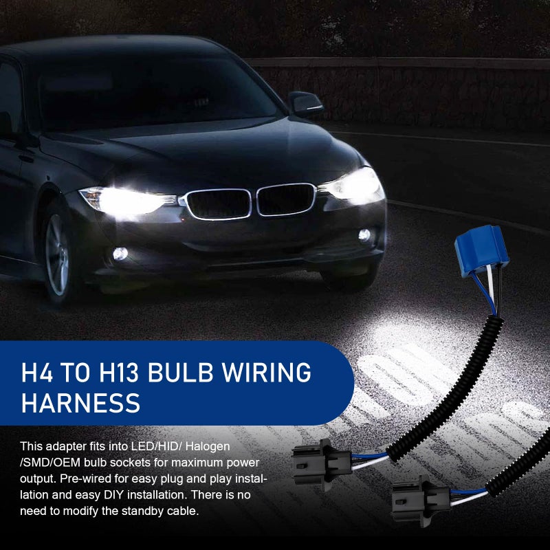 MOXRUQ 2 PCS Car H13 Male to H4 Female Adapter, 9.44" Waterproof Headlight Adapter Connector Wire Harnes, HID to Led Conversion Kit for Headlights Fog Lights, Universal Wire Harnes for Cars (Black) - Image 4
