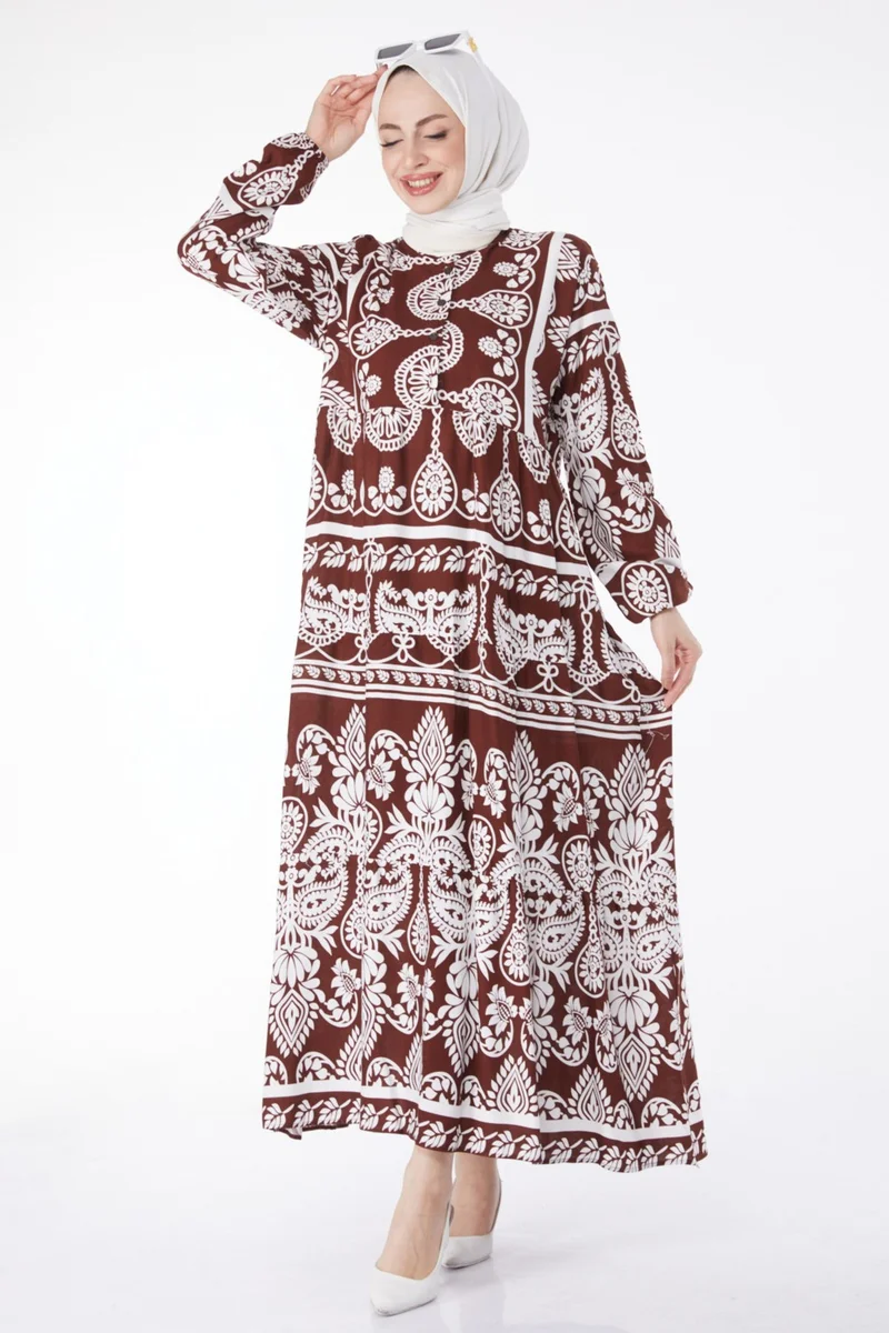 Tofisa Plain Judge Collar Women's Brown Patterned Colorful Dress - 24988
