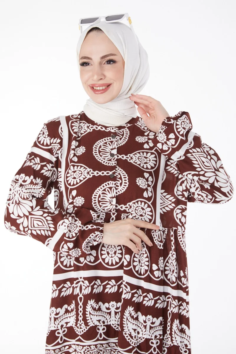 Tofisa Plain Judge Collar Women's Brown Patterned Colorful Dress - 24988