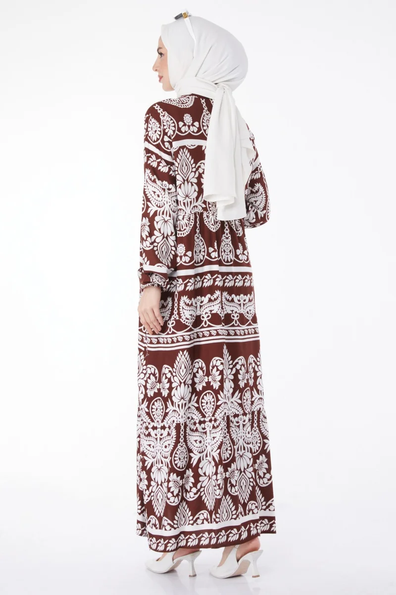 Tofisa Plain Judge Collar Women's Brown Patterned Colorful Dress - 24988