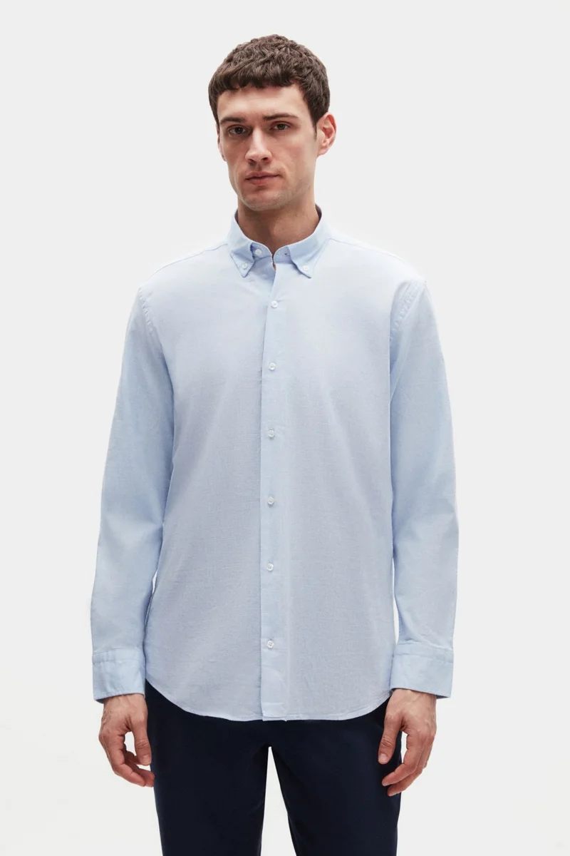 D'S DAMAT Ds Damat Comfort Blue Button-down Collar Relaxed Cut Linen Look 100% Cotton Shirt 2HC02ORT64265