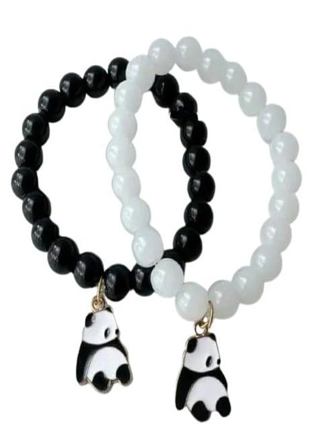SUPER SOFTENER SUPERSOFTNER Bracelets 2Pcs Love Heart Matching Panda Beads Bracelet Set Adjustable Bracelets for Men Women Couples Friends Gift Friendship - (Pack of 2) - Image 1