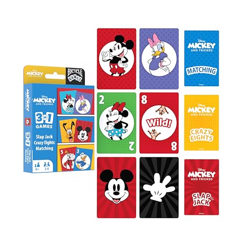 Bicycle Disney Mickey and Friends 3in1 Card Games Matching Crazy Eights Slap Jack Featuring Mickey Mouse Donald Duck Goofy Kids Card Games Ages 4 Family Games for 26 Players - Image 1