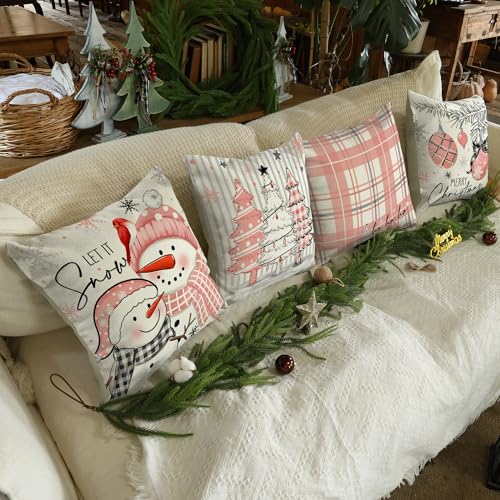 LITIVY Christmas Pillow Covers Set of 4 for Xmas Decorative Pillowcase Winter Holiday Throw Cushion Case for Home Christmas Decor Snowman Xmas Tree Pink 18x18 - Image 3