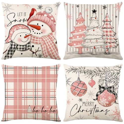 LITIVY Christmas Pillow Covers Set of 4 for Xmas Decorative Pillowcase Winter Holiday Throw Cushion Case for Home Christmas Decor Snowman Xmas Tree Pink 18x18 - Image 1