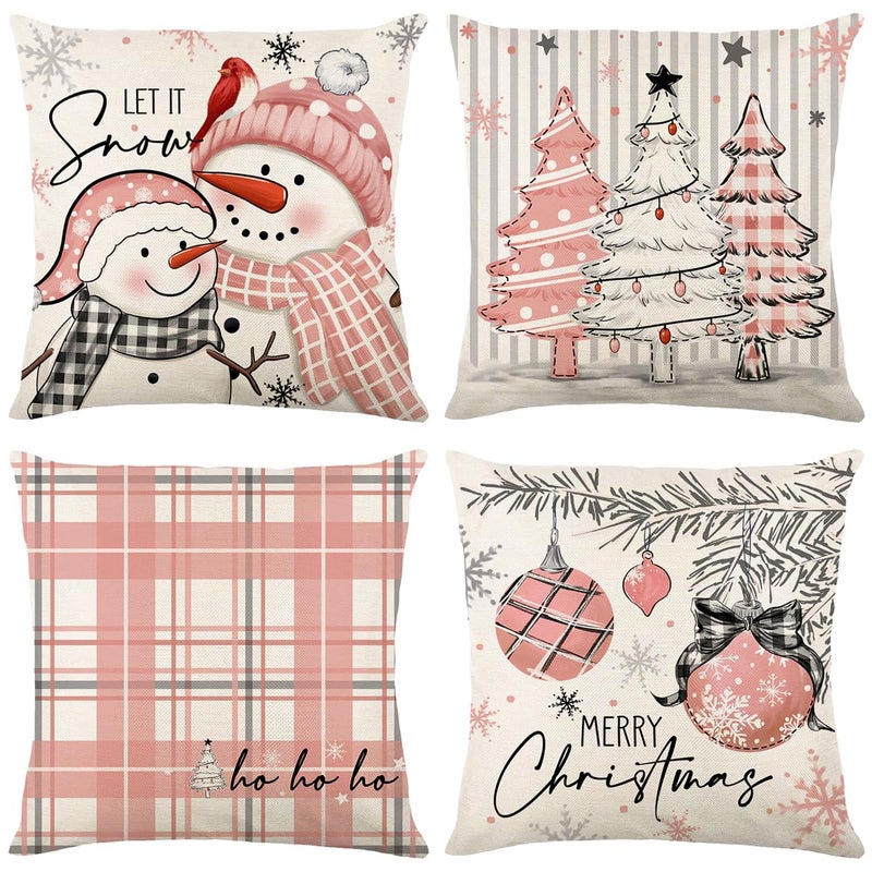 LITIVY Christmas Pillow Covers Set of 4 for Xmas Decorative Pillowcase Winter Holiday Throw Cushion Case for Home Christmas Decor Snowman Xmas Tree Pink 18x18 - Image 2
