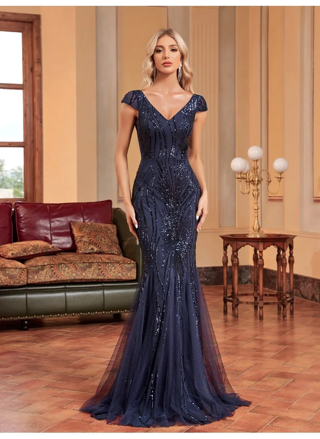 Madam Uniq Blue V-Neck Short Sleeve Long Sequined Embroidered Evening Dress Party Gown