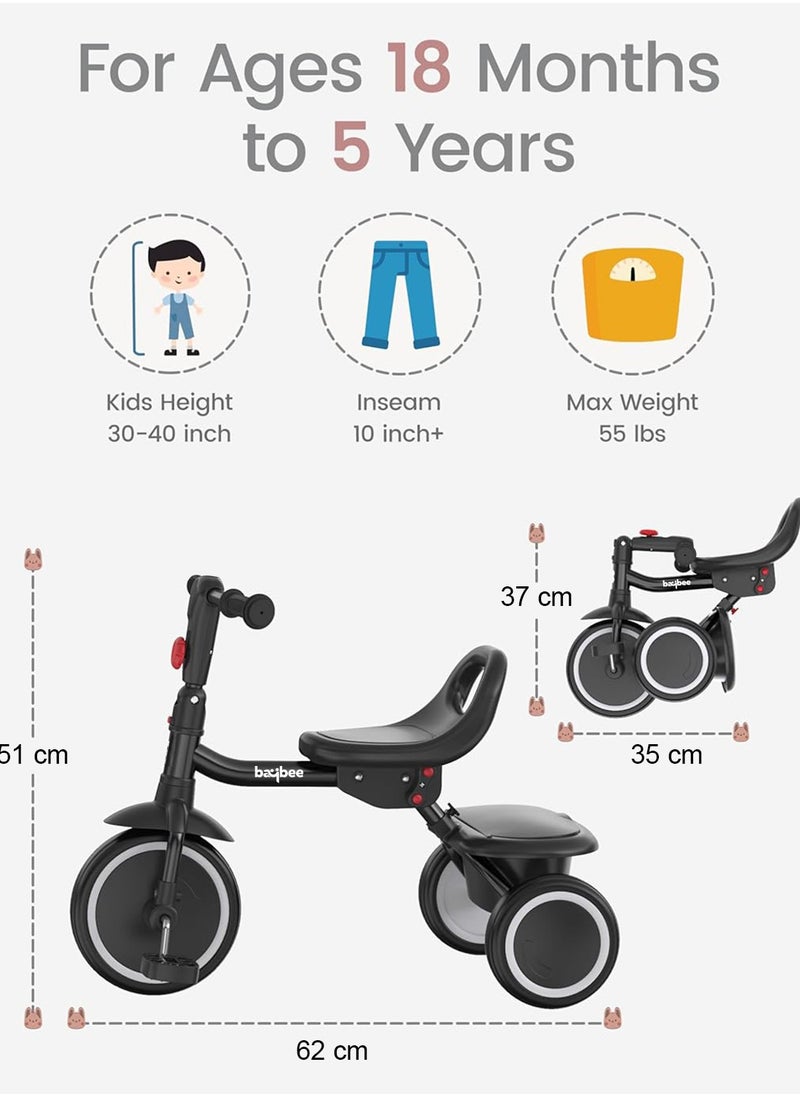 BAYBEE - Foldable 2 in 1 Tricycle for Kids Baby Smart Plug & Play Kids Tricycle Cycle with Rear Storage Basket & 3 Wheels Tricycle Bicycle Baby Tricycle Cycle for Kids 2 to 5 Years Boy Girl Black - Image 1