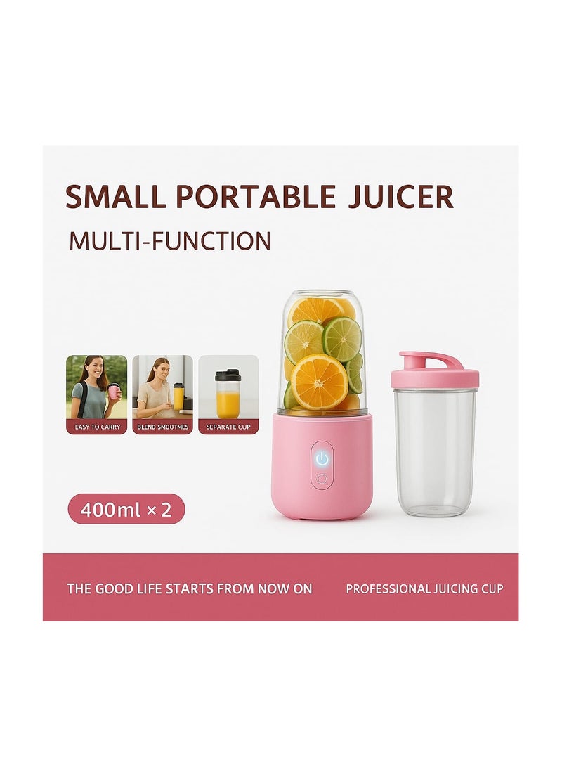 Portable Electric Juicer Blender Cup – 400ml x 2, USB Rechargeable, 6-Blade Design, Multi-Function, Wireless, Pink & White  - Image 1