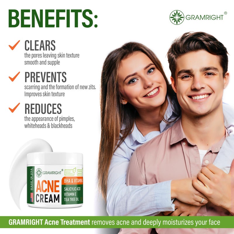GRAMRIGHT Acne Face Cream - Acne Spot Treatment for Face & Acne Dots - Tea Tree Oil & Salicylic Acid - Natural Cystic Acne Treatment - Made in USA - For All Skin Types - Acne Scar Cream & Pimple Remover 4 fl.oz - Image 5