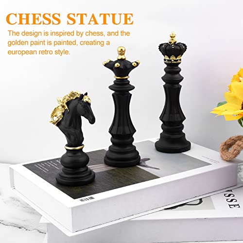 EMVANV 3pcs Small Chess Statue Decor Set, Resin Figurine Chess Piece King + Queen + Knight Set for Office, Home, Study (Black) - Image 4