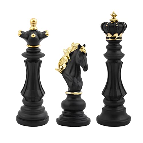 EMVANV 3pcs Small Chess Statue Decor Set, Resin Figurine Chess Piece King + Queen + Knight Set for Office, Home, Study (Black) - Image 2