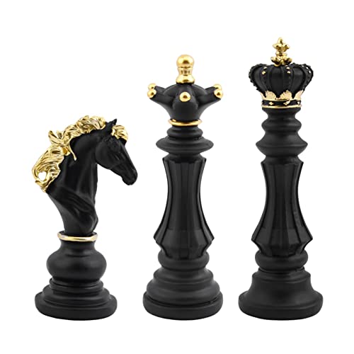 EMVANV 3pcs Small Chess Statue Decor Set, Resin Figurine Chess Piece King + Queen + Knight Set for Office, Home, Study (Black) - Image 1
