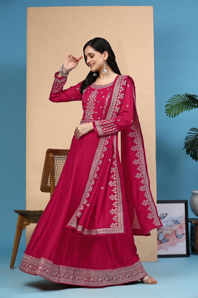 TRENDMALLS Women Vichitra Silk Embroidery Anarkali Kurta Pant Salwar Suit Set (G244-Pink-S) - Image 3
