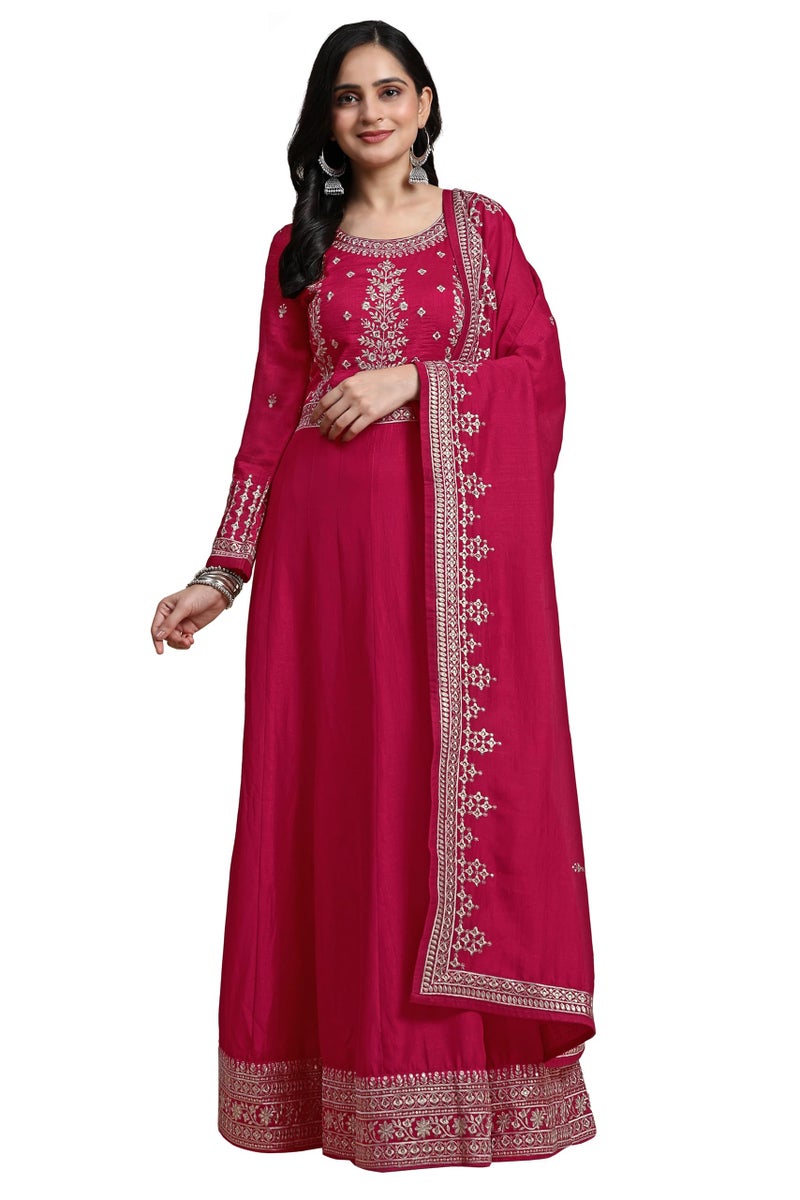 TRENDMALLS Women Vichitra Silk Embroidery Anarkali Kurta Pant Salwar Suit Set (G244-Pink-S) - Image 1