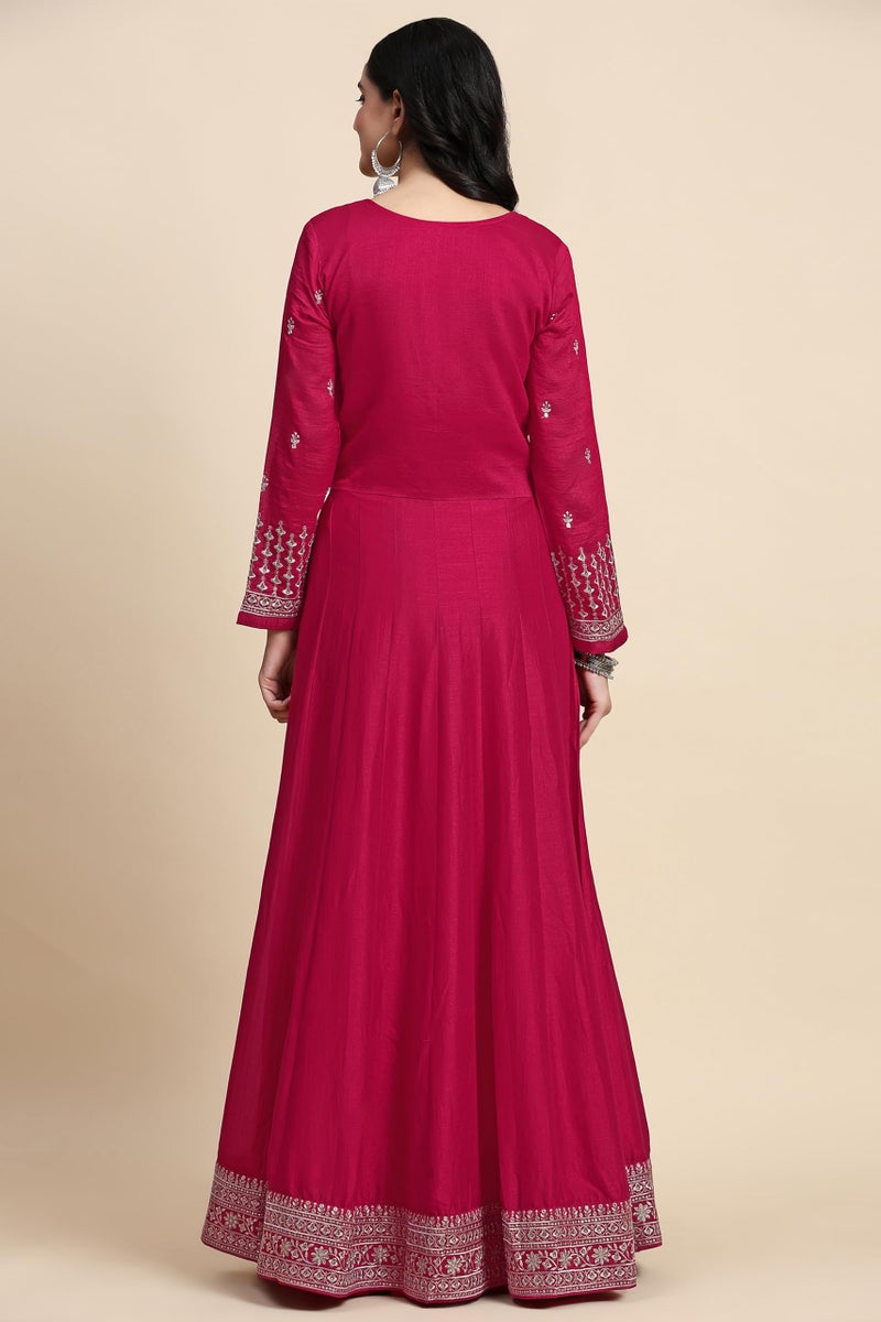 TRENDMALLS Women Vichitra Silk Embroidery Anarkali Kurta Pant Salwar Suit Set (G244-Pink-S) - Image 2