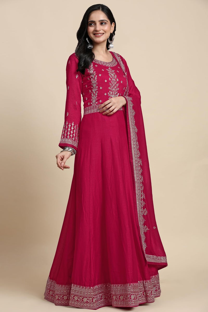 TRENDMALLS Women Vichitra Silk Embroidery Anarkali Kurta Pant Salwar Suit Set (G244-Pink-S) - Image 4