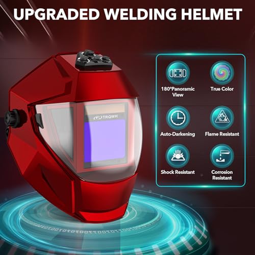 TRQWH Panoramic View Welding Helmet Auto Darkening Welding Hood True Color 4 Arc Sensor Welding Mask Large Viewing 3.94" x 3.15" Wide Shade 4/5-9/9-13 Weld Helmet for TIG MIG ARC Weld (Red) - Image 2