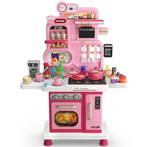 Letapapa Play Kitchen Set Kids Kitchen Playset with Realistic Sound Light Cooking Stove Sink Play Food and Accessories 57 Pcs Kitchen Toys Gifts for Toddlers 24 35 Girls Pink - Image 1