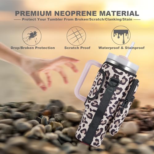 BULKITEM Water Bottle Carrier Bag with Phone Pocket for Leopard Stanley 30 oz Tumbler with Handle, Leopard Insulated Neoprene Cup Holder Pouch Strap for Stanley Cup Accessories - Image 4