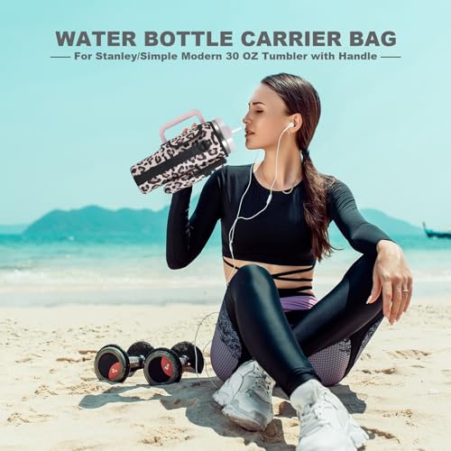 BULKITEM Water Bottle Carrier Bag with Phone Pocket for Leopard Stanley 30 oz Tumbler with Handle, Leopard Insulated Neoprene Cup Holder Pouch Strap for Stanley Cup Accessories - Image 2