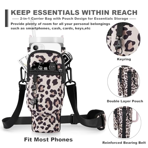 BULKITEM Water Bottle Carrier Bag with Phone Pocket for Leopard Stanley 30 oz Tumbler with Handle, Leopard Insulated Neoprene Cup Holder Pouch Strap for Stanley Cup Accessories - Image 3