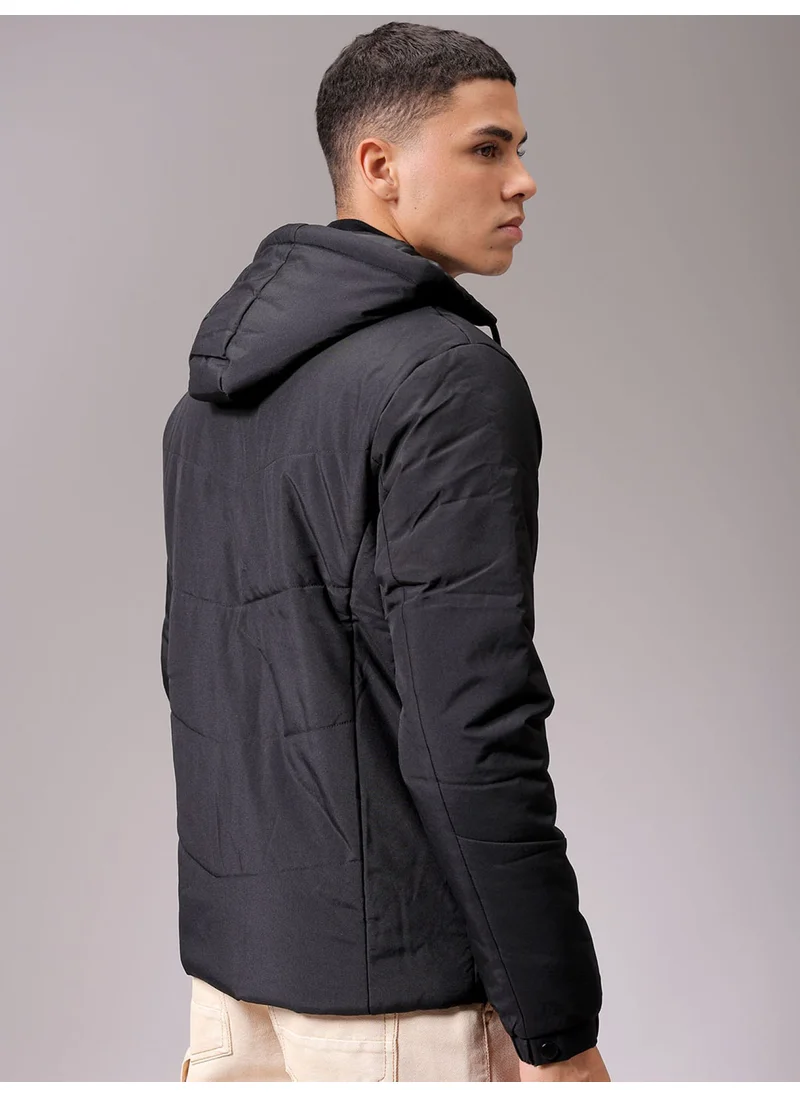 شركة المرآب الهندية Mens Black Slim Fit Quilted Hooded Zipper Placket Zipper Pocket Winter Jacket