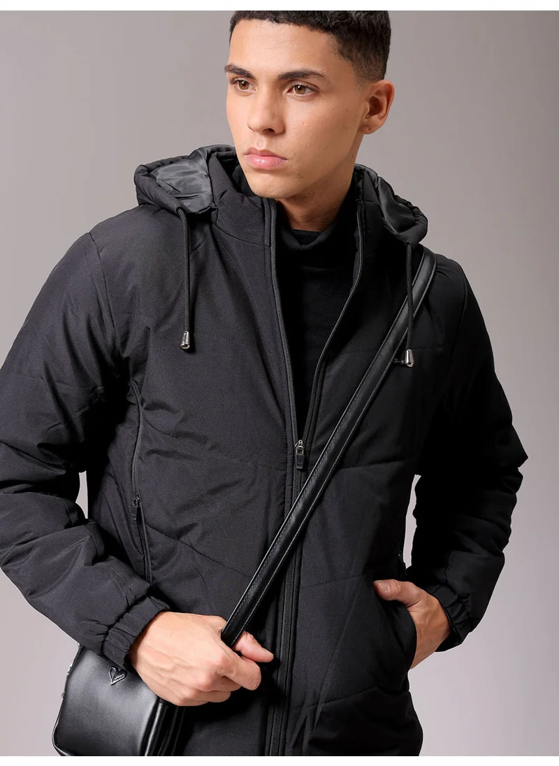 شركة المرآب الهندية Mens Black Slim Fit Quilted Hooded Zipper Placket Zipper Pocket Winter Jacket