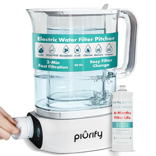 Piurify Compact 50oz Countertop Electric Water Filter Pitcher – Removes 99% of Lead, PFAS & Chlorine – 6-Month UltraFiltration - Image 1