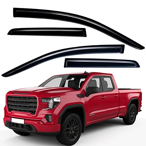 Lightronic واقيات نوافذ أوتوماتيكية خارجية لسيارات لايتترونيك، متينة للغاية، تناسب شيفروليه سيلفرادو 2019-2025 و GMC سييرا 1500 كاب مزدوج، واقيات مطر تحمي من الأشعة فوق البنفسجية، واقيات هواء أصلية، دخاني داكن، 4 قطع - Image 1