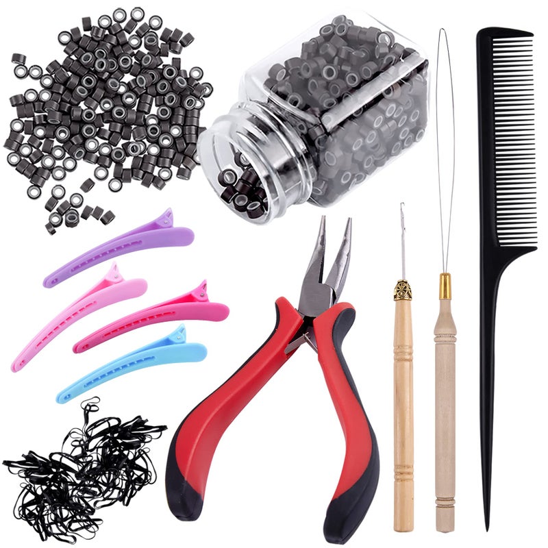 Duufin Hair Extensions Tools Kit 500 Pcs Dark Brown Micro Ring Beads 1 Micro Beads Plier 2 Hook Needle Pulling Loop 4 Plastic Alligator Hair Clips 1 Comb and 2 Bags Black Mini Rubber Hair Elastic - Image 1