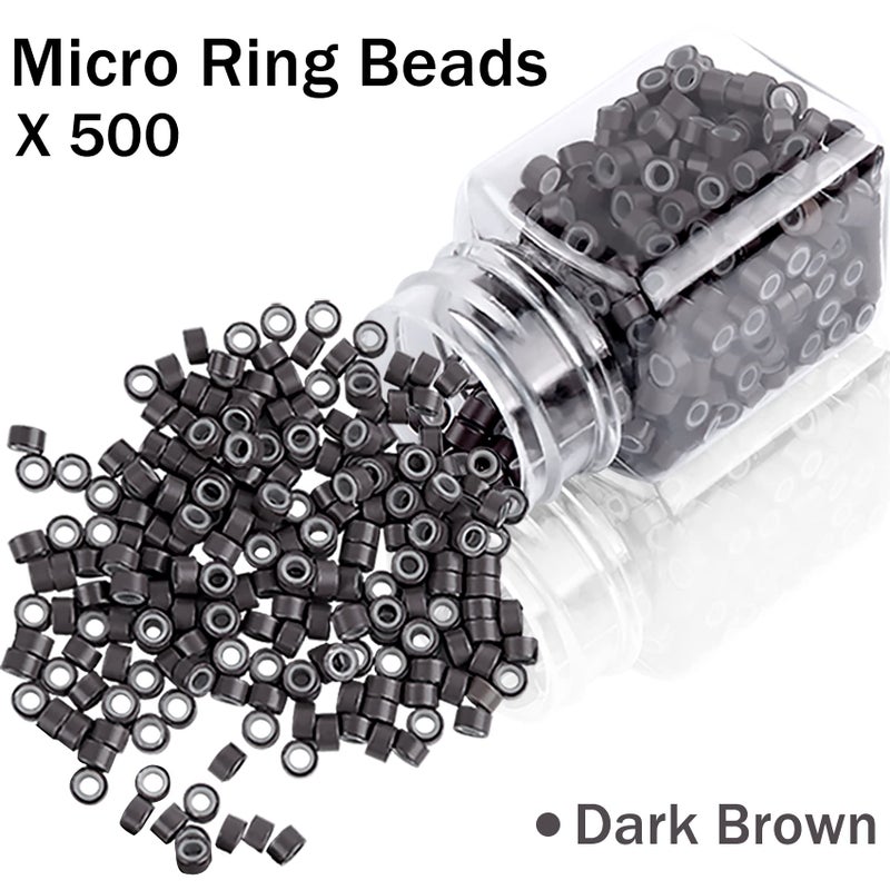 Duufin Hair Extensions Tools Kit 500 Pcs Dark Brown Micro Ring Beads 1 Micro Beads Plier 2 Hook Needle Pulling Loop 4 Plastic Alligator Hair Clips 1 Comb and 2 Bags Black Mini Rubber Hair Elastic - Image 5