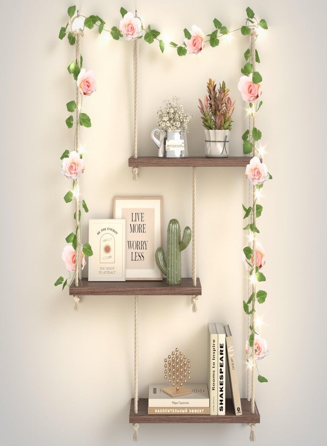 REFGY Hanging Shelves for Wall, 3 Tier Boho Hanging Plant Shelf, Floating Shelves Rope Rustic Wood Organizer Storage Hanger Rack for Aesthetic Home Bedroom Kitchen Bathroom (Champagne Flower) - Image 1
