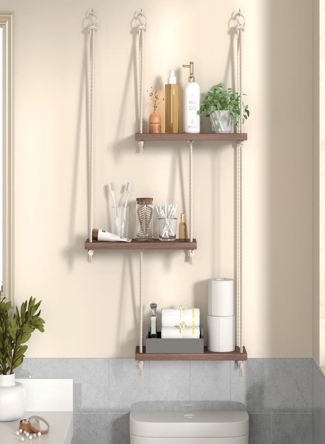 REFGY Hanging Shelves for Wall, 3 Tier Boho Hanging Plant Shelf, Floating Shelves Rope Rustic Wood Organizer Storage Hanger Rack for Aesthetic Home Bedroom Kitchen Bathroom (Champagne Flower) - Image 3