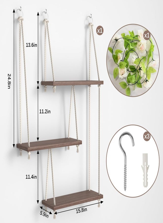 REFGY Hanging Shelves for Wall, 3 Tier Boho Hanging Plant Shelf, Floating Shelves Rope Rustic Wood Organizer Storage Hanger Rack for Aesthetic Home Bedroom Kitchen Bathroom (Champagne Flower) - Image 4