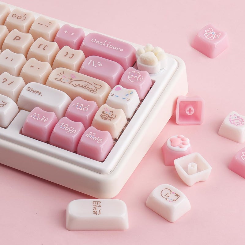 TYRIXKI Ceramic Jade Ragdoll Cat Keycaps, 148 Keys Translucent Pink Jelly Cute Keycaps Mao Profile Creamy Custom Keycap for Cherry Gateron MX Swithes Mechanical Keyboards - Image 2