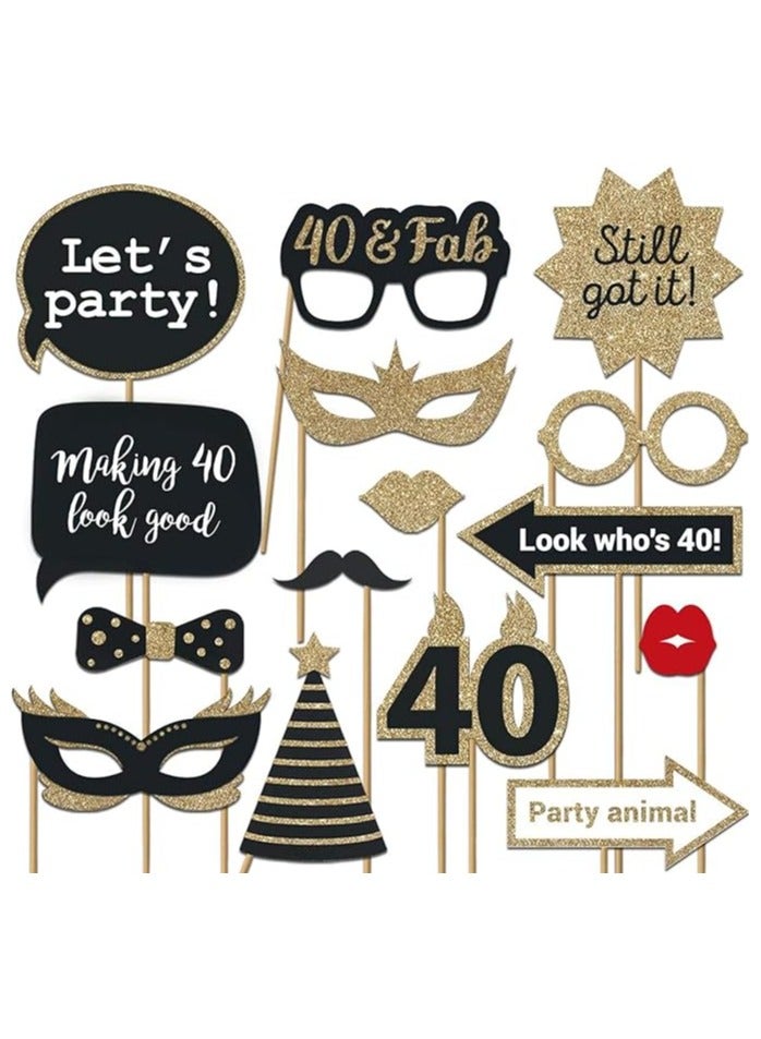 Fully Assembled 40th Birthday Photo Booth Props - Set of 30 - Black & Gold Selfie Signs - 40th Party Supplies & Decorations - Cute 40th Bday Designs with Real Glitter - Image 1