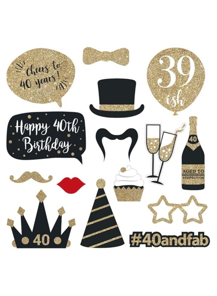 Fully Assembled 40th Birthday Photo Booth Props - Set of 30 - Black & Gold Selfie Signs - 40th Party Supplies & Decorations - Cute 40th Bday Designs with Real Glitter - Image 2