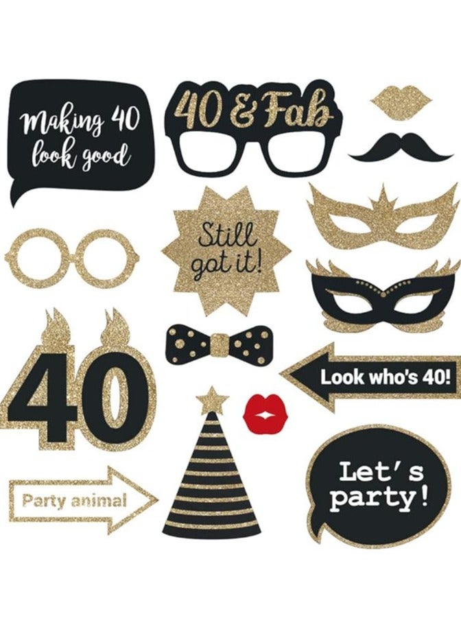 Fully Assembled 40th Birthday Photo Booth Props - Set of 30 - Black & Gold Selfie Signs - 40th Party Supplies & Decorations - Cute 40th Bday Designs with Real Glitter - Image 3