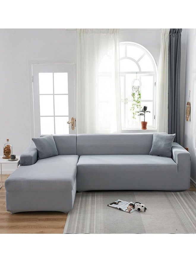 L-Shaped Solid Color Sofa Cover with 2 Free Cushion Covers Light Grey 235-300cm