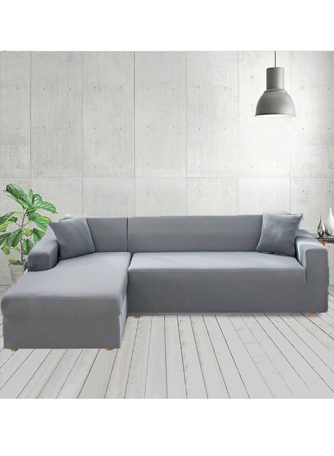 L-Shaped Solid Color Sofa Cover with 2 Free Cushion Covers Light Grey 235-300cm