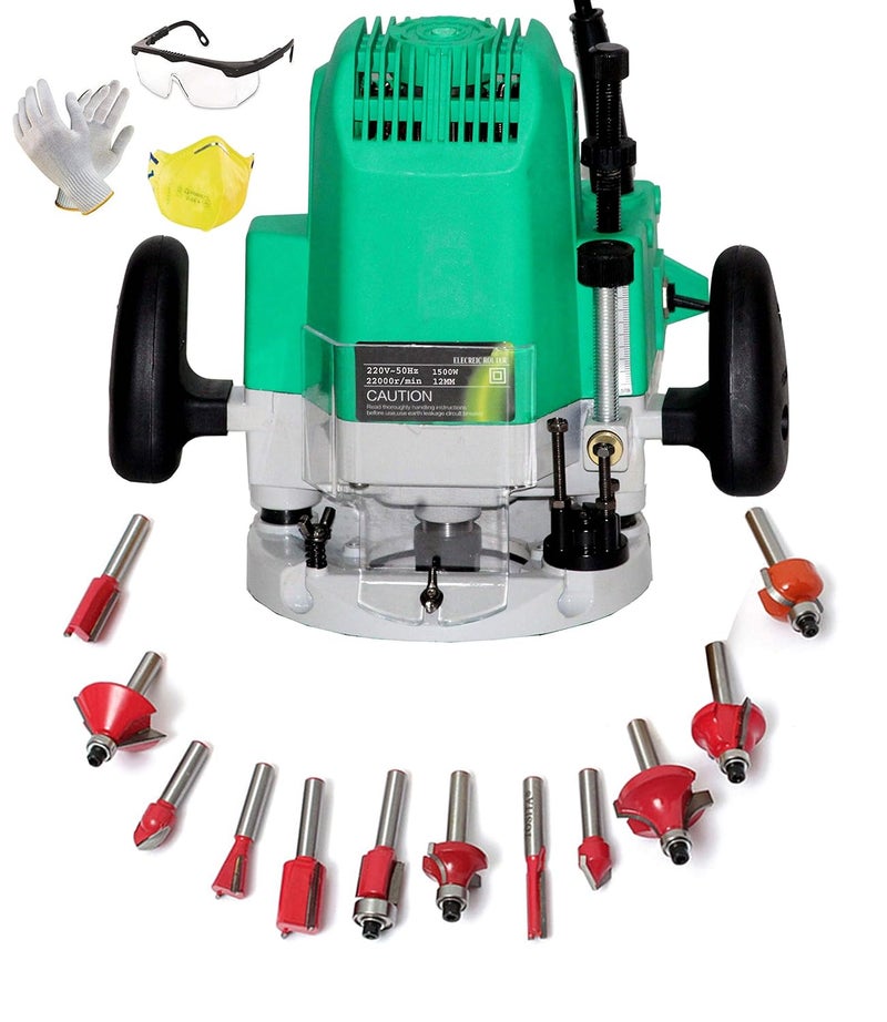 Digital Craft Powerful Wood Working Router Machine Combo 12mm with Bits 12Pc Multi Shapes RouterTrimmer Bit Set Rotary Tool 12 mm 22000 RPM Power Input 1500 W Rotary Tool 12 mm