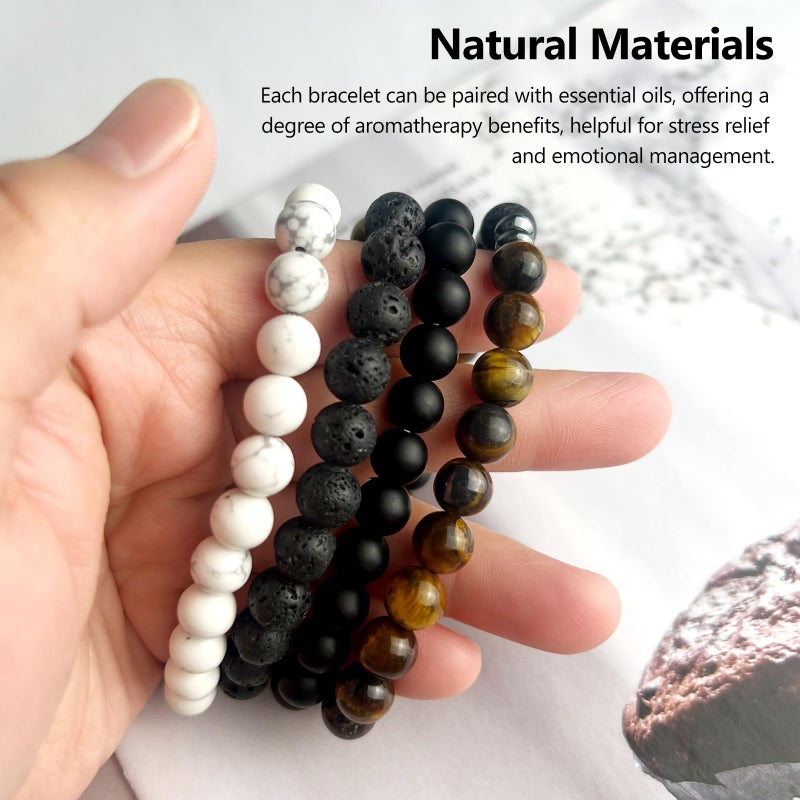 Tienyuu Tiger Eye Bracelet Set for Men â€“ 8mm Natural Stone Beads, Stretch Lava Rock Adjustable Black Crystal Beaded Bracelet for Men & Women Gifts - Image 4