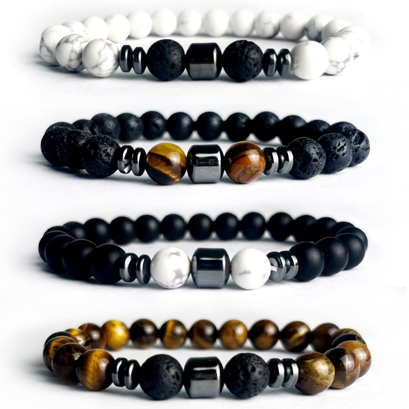 Tienyuu Tiger Eye Bracelet Set for Men â€“ 8mm Natural Stone Beads, Stretch Lava Rock Adjustable Black Crystal Beaded Bracelet for Men & Women Gifts - Image 1