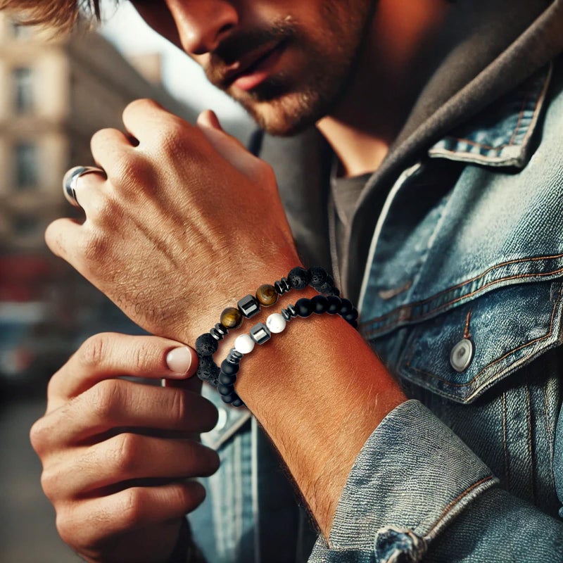 Tienyuu Tiger Eye Bracelet Set for Men â€“ 8mm Natural Stone Beads, Stretch Lava Rock Adjustable Black Crystal Beaded Bracelet for Men & Women Gifts - Image 2