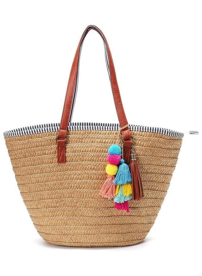 Women's Straw Beach Bag Satchel Bag, Ladies Large Capacity Resort Tote Bag Clutch Bag Handbag, Tassel Pendant Shoulder Bag Sling Bag Side Bag Gift Bag for Girls and College Students  - Image 1